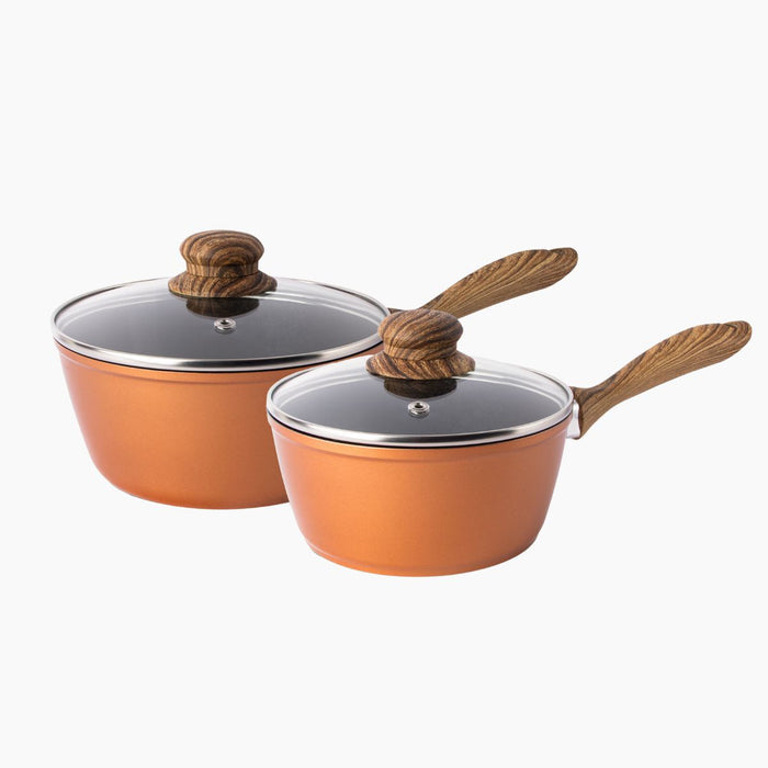 Nuovva 2 piece copper saucepan set with glass lids and wooden handle, classy induction cookware.