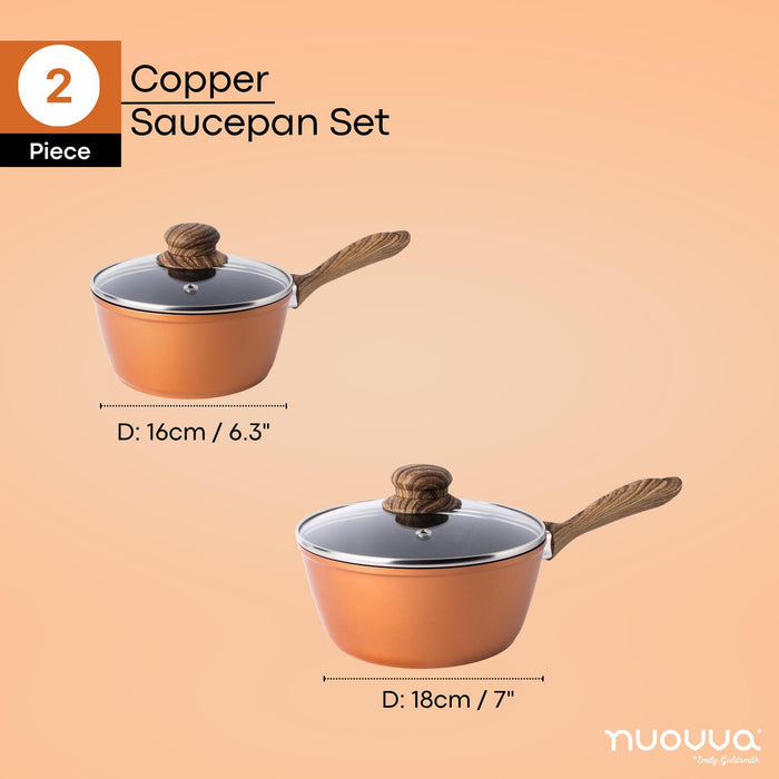 Nuovva 2 piece copper saucepan set with glass lids and wooden handles - 16cm & 18cm cookware set.