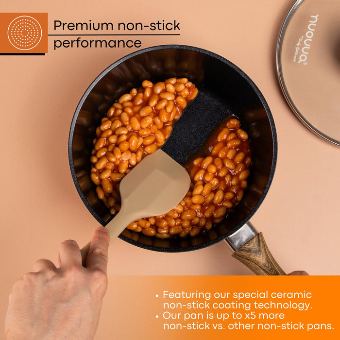 Nuovva copper saucepan set with glass lid, featuring special ceramic non-stick coating for premium non-stick performance.