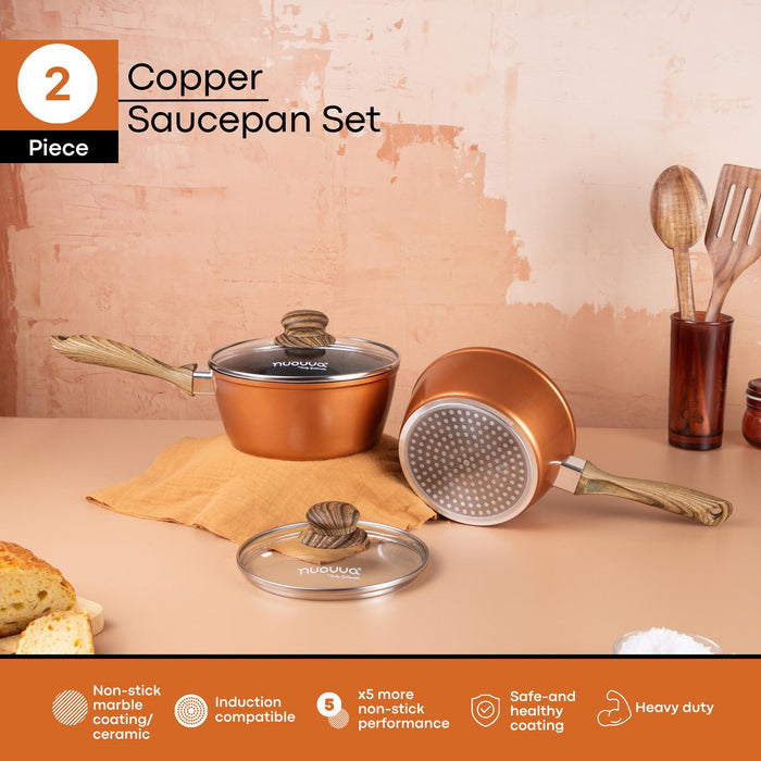 Nuovva copper 2-Piece saucepan set with glass lids – 16cm, 18cm, non-stick ceramic coating, induction compatible cookware for safe and healthy cooking.