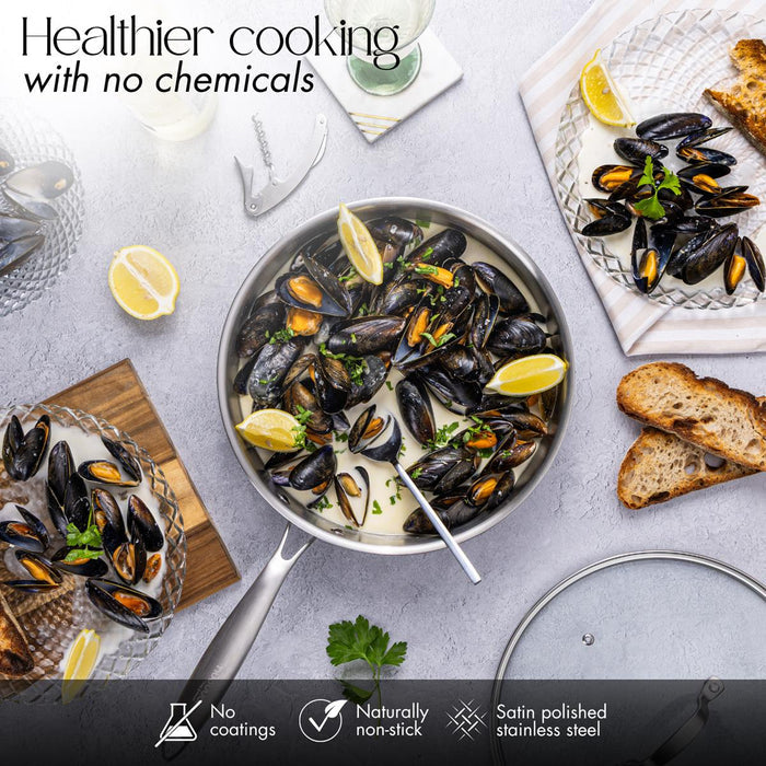 Healthier cooking with the nuovva stainless steel saute pan with no coating, no chemical non-stick cooware.