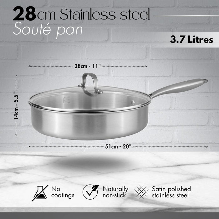 28cm Stainless steel sauté pan with 3.7L capacity, dimensions and features like no coatings and naturally non-stick factors