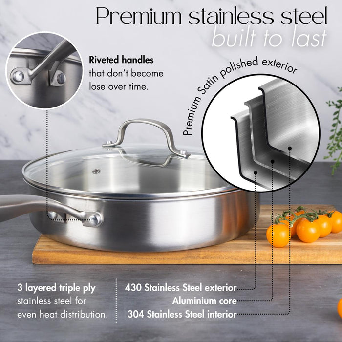 Premium stainless steel cookware with riveted handles and tri-ply layer for even heat distribution