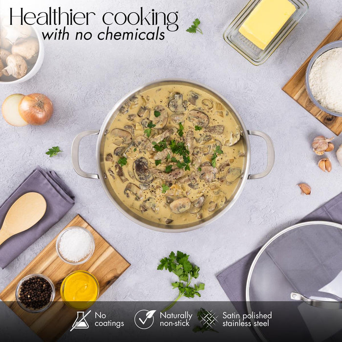 Healthier cooking with the stainless steel shallow casserole pot - no coating, non-stick cookware