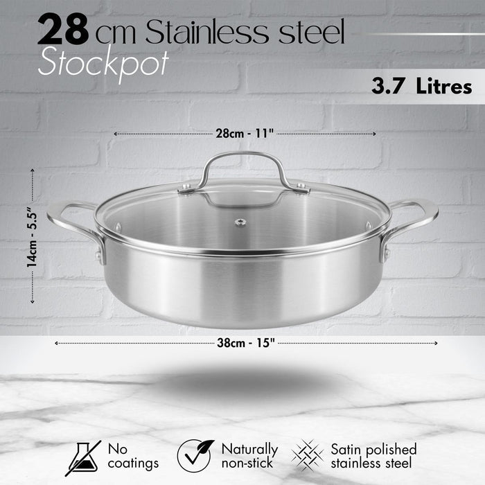 28cm Stainless steel stockpot with 3.7L capacity. Stainless steel, non-stick cookware
