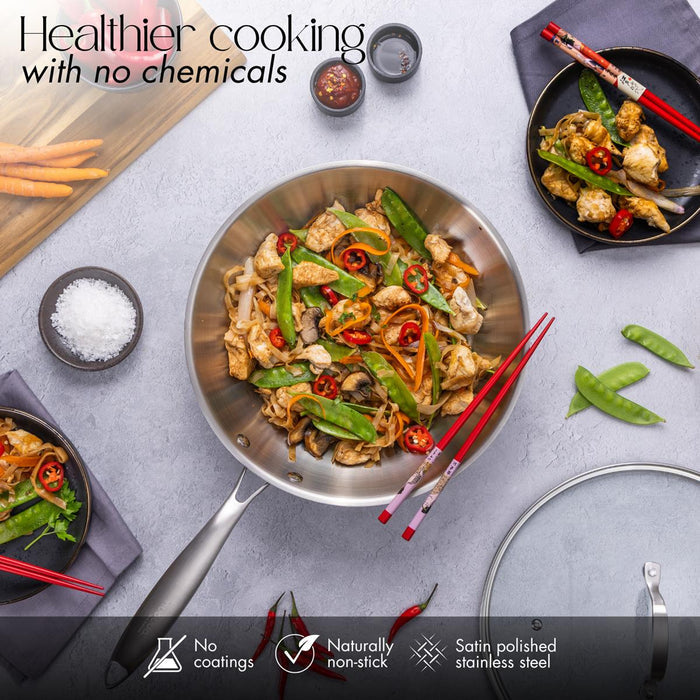 28cm Stainless Steel Wok with Glass Lid – Non-Stick Stir Fry Pan – Induction Safe