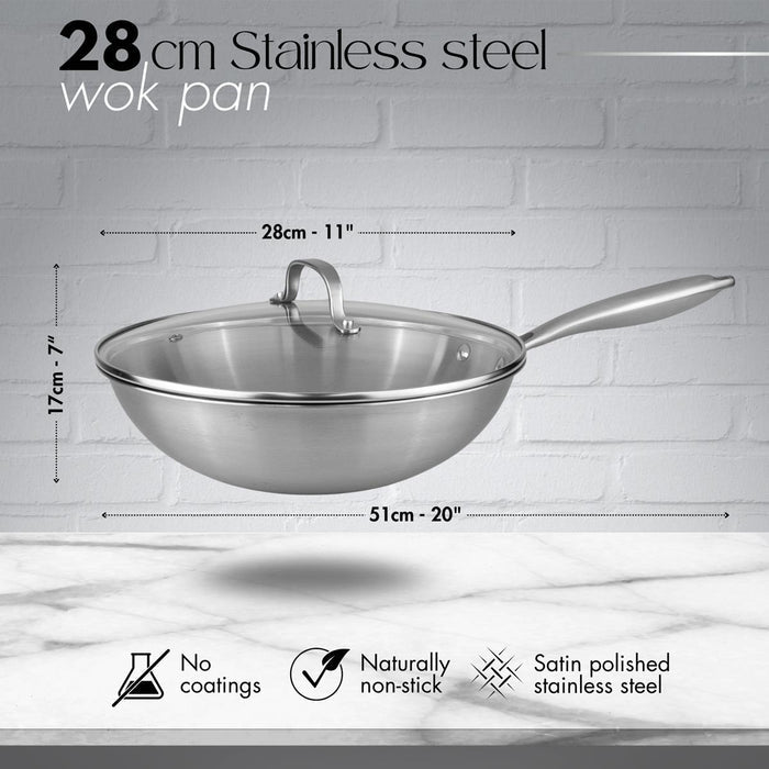 28cm Stainless Steel Wok with Glass Lid – Non-Stick Stir Fry Pan – Induction Safe