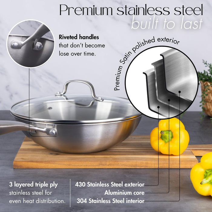 28cm Stainless Steel Wok with Glass Lid – Non-Stick Stir Fry Pan – Induction Safe
