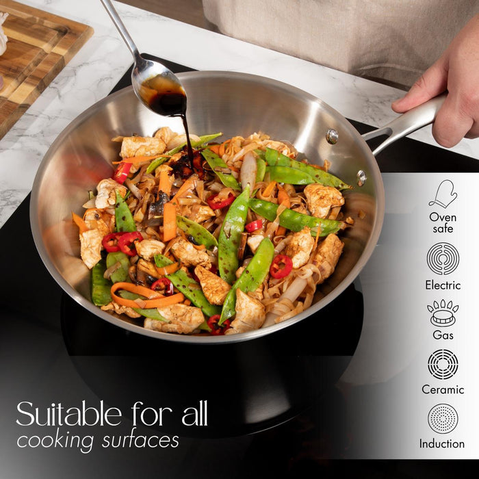 28cm Stainless Steel Wok with Glass Lid – Non-Stick Stir Fry Pan – Induction Safe