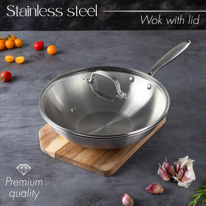 28cm Stainless Steel Wok with Glass Lid – Non-Stick Stir Fry Pan – Induction Safe