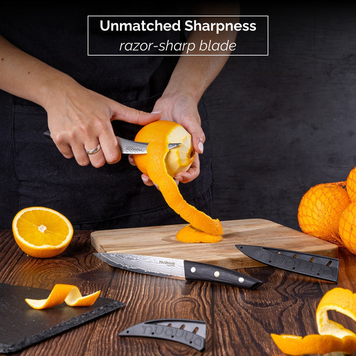 Damascus steel Japanese knives have unmatched sharpness with its razor-sharp blades, paring and utility knife.