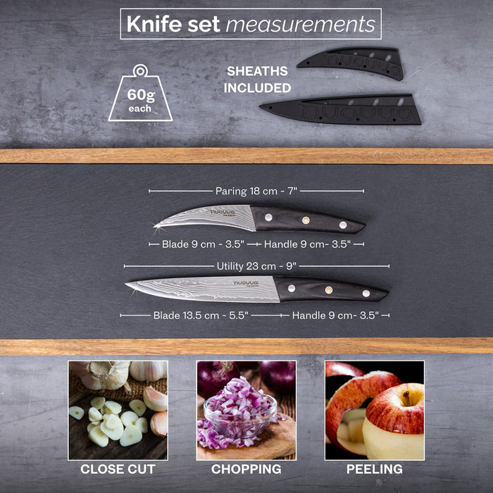 Nuovva Damascus steel knife set with rosewood handles includes a 18cm paring knife with sheath and a 23cm utility knife with a sheath for close cut, chopping and peeling.
