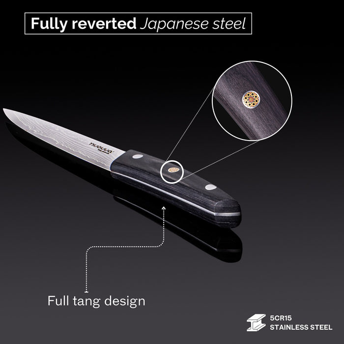 Nuovva Damascus steel knives contain fully reverted Japanese steel with full tang design.