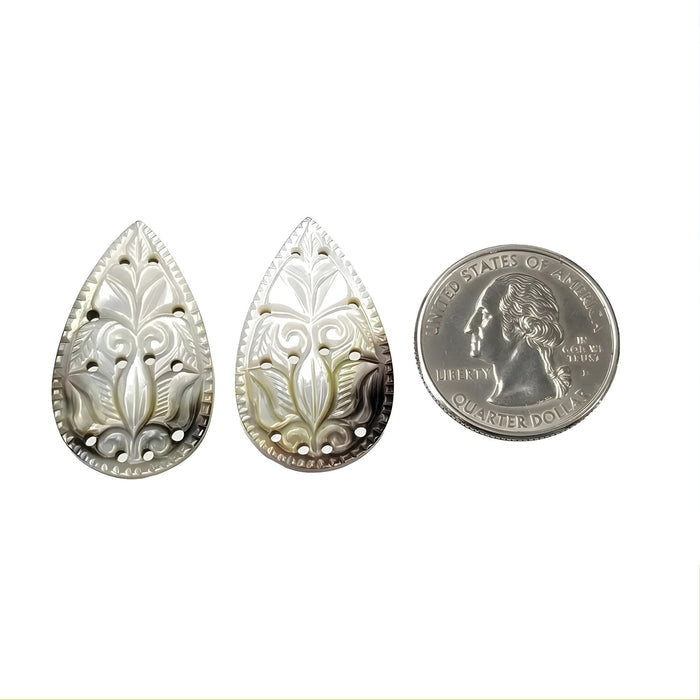 31.85cts Mother Of Pearl Gemstone Carving Natural Untreated White Pear Shape 30.5mm pair
