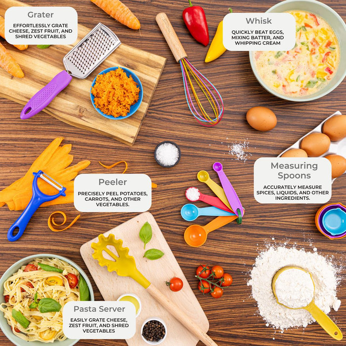 Nuovva colourful silicon utensil set includes a grater, whisk, peeler, measuring spoons and a pasta server.