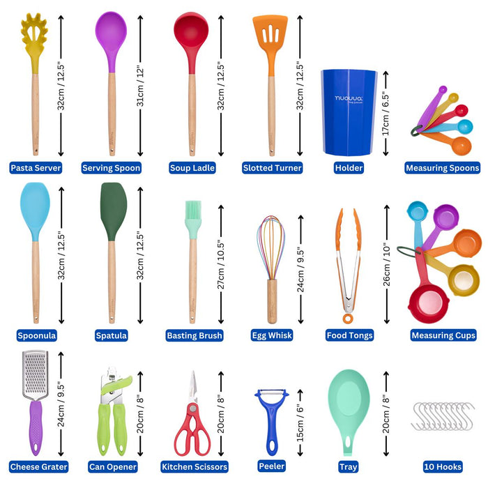 Nuovva 35pcs colorful silicon utensils includes: cheese grater, whisk, tongs, spatulas, kitchen scissors, ladles, measuring cups & spoon, storage holder and more.