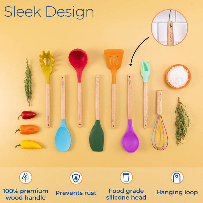 Nuovva sleek design colorful silicon utensils with 100% premium wood handle tp prevent ruse, food grade silicone head and hanging loop for easy storage.