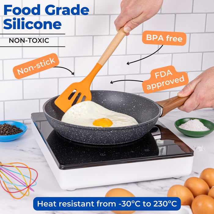 Nuovva food grade silicon utensils, non-stick, BPA free, FDA approved and heat resistant.