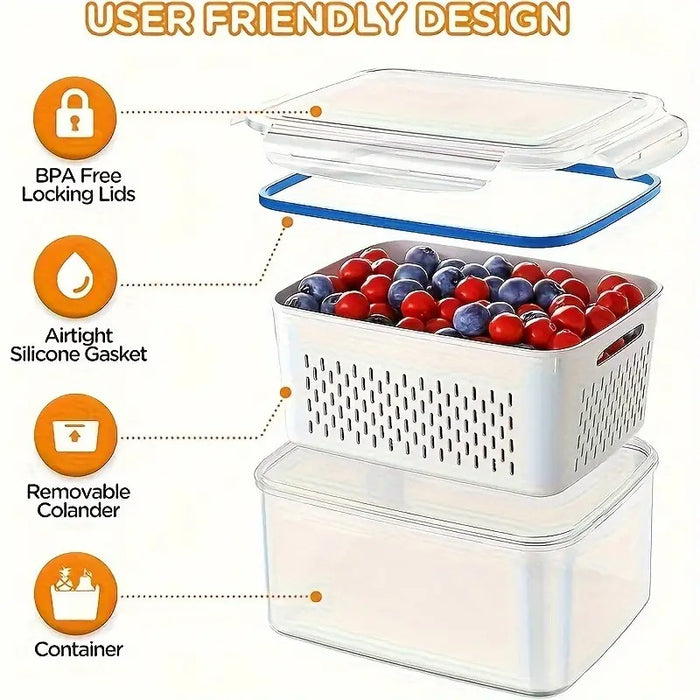 4 Pcs Vegetable and Fruit Storage Containers with Lids – BPA-Free Fridge Organizer Bins with Drain Basket