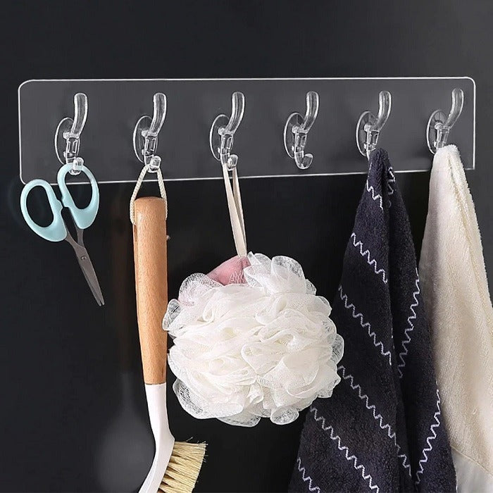 6 Hook Sticker Plate – Transparent Adhesive Multi-Purpose Wall Hooks | Heavy Duty, Reusable, Waterproof Hanging Rack for Kitchen, Bathroom & Home Organization