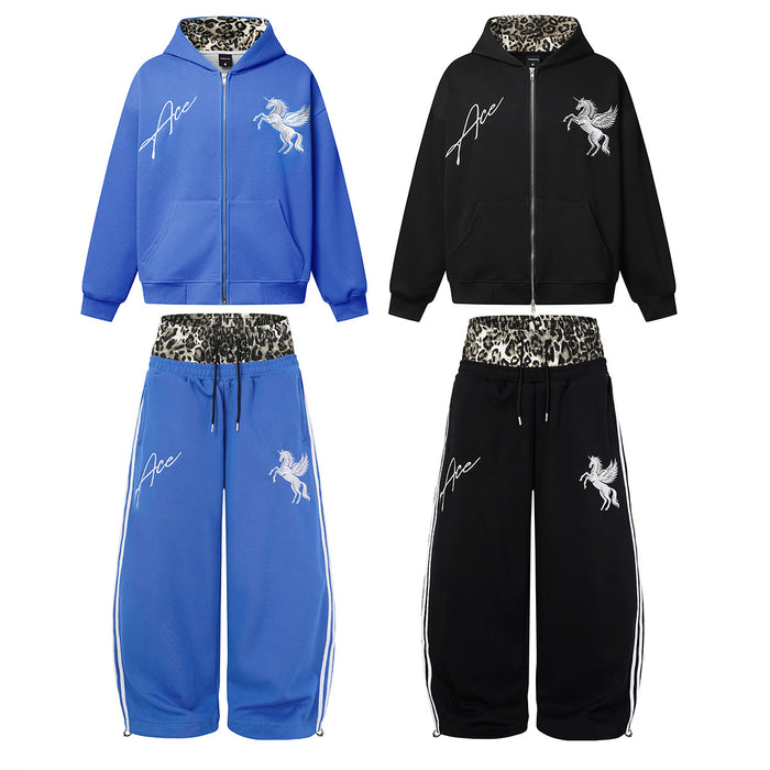 Blue and black zip-up hoodie and wide-leg sweatpants sets with leopard-print lining and white graphics