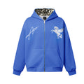 Blue zip-up hoodie with hood, front pockets, white script lettering, and a white winged horse graphic