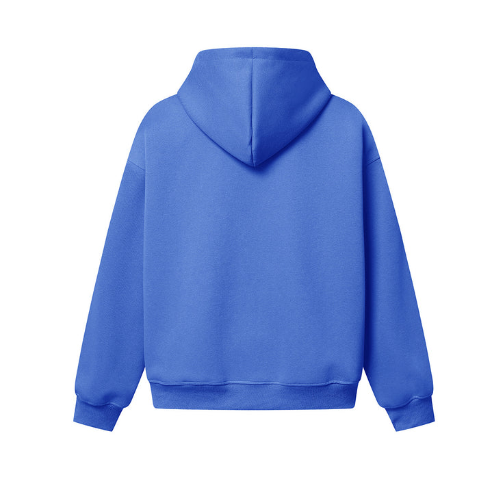 Blue hooded sweatshirt shown from the back with a plain design and ribbed hem and cuffs