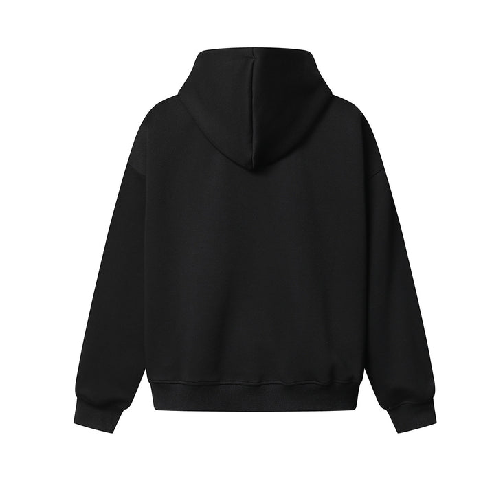 Black hooded sweatshirt shown from the back with a plain design and ribbed hem and cuffs