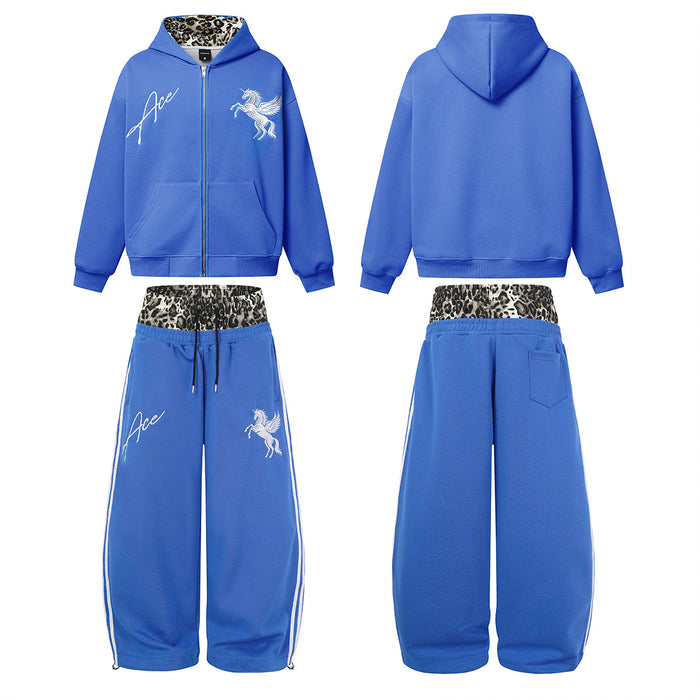 Blue hoodie and wide-leg sweatpants set showing front and back views with leopard-print waist and white graphics