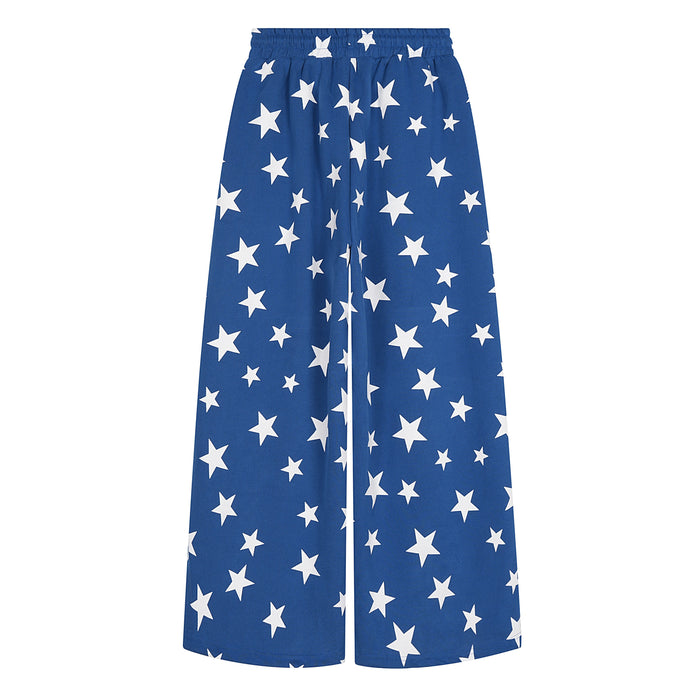 Blue star print wide-leg sweatpants, back view