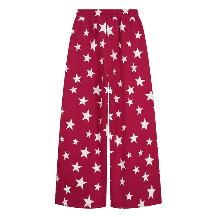 Red star print wide-leg sweatpants, back view