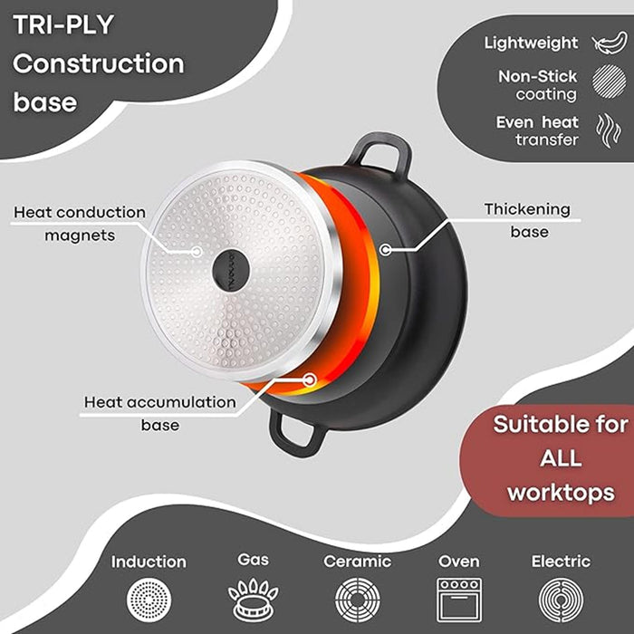 Aluminium Dutch Oven Pot with Lid & Ergonomic Handles Lightweight - (4L, 24cm) Black