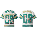 White mesh football jersey with teal varsity 06 number, angel and winged heart graphics, gold script branding, shown front an