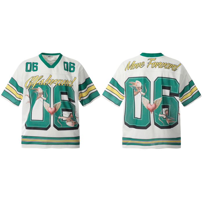 White mesh football jersey with teal varsity 06 number, angel and winged heart graphics, gold script branding, shown front an