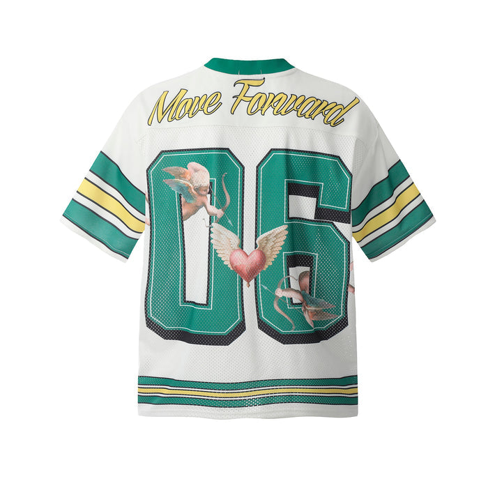 White and teal varsity football jersey top with 06 graphic, angel artwork, and Move Forward text on the back