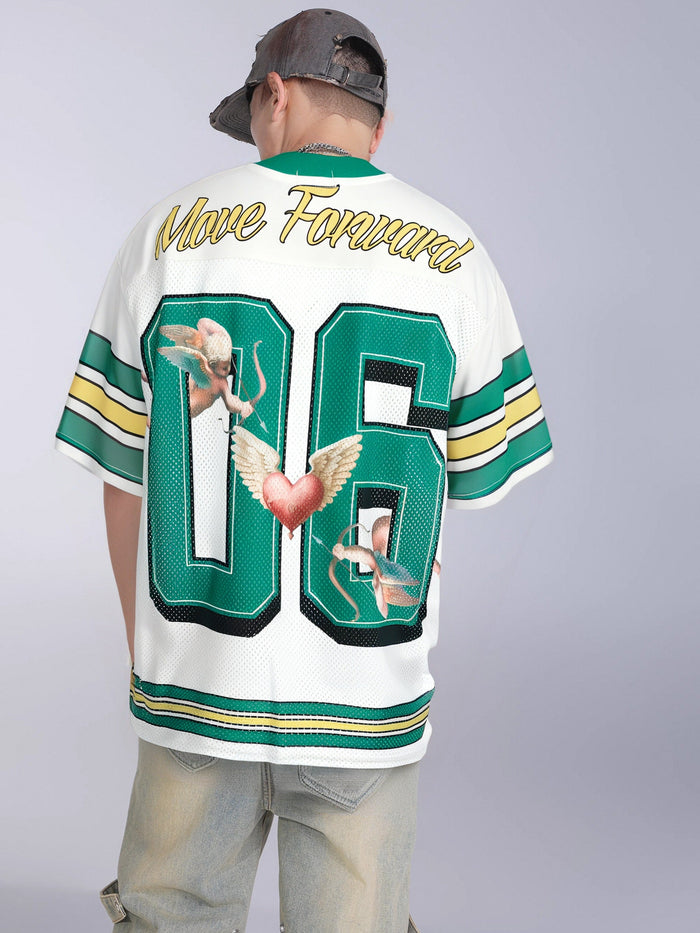 Back view of a green and white varsity football jersey with angel graphics and Move Forward text