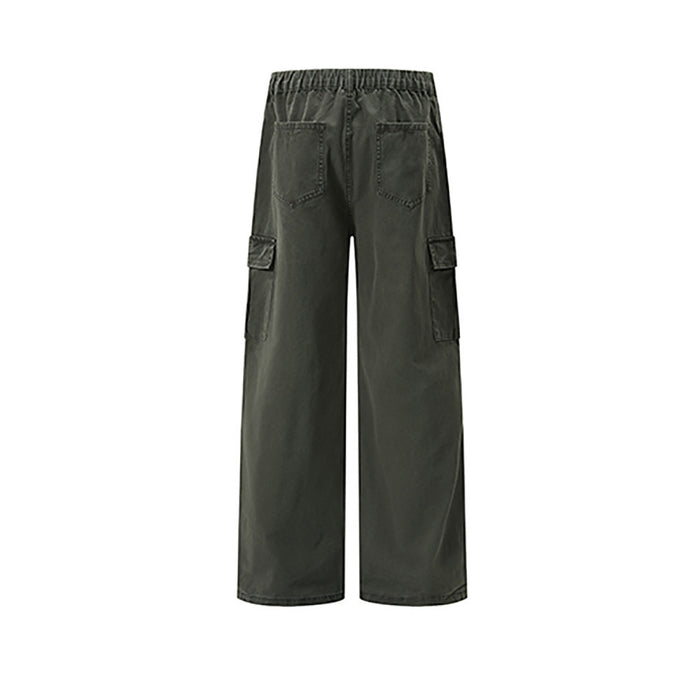 Dark olive cargo pants, back view with elastic waistband and rear pockets