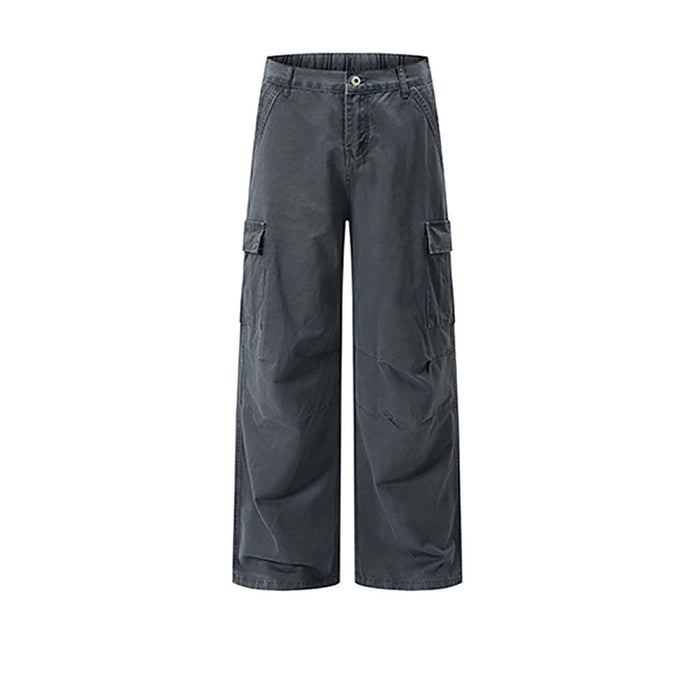 Charcoal gray cargo pants with side pocket flap, front view