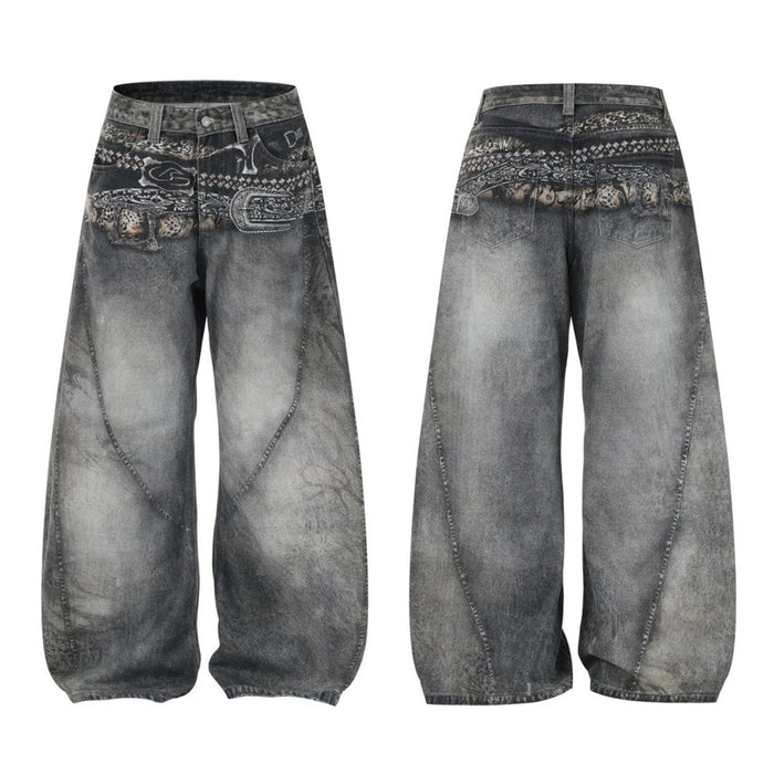 Baggy wide-leg jeans in acid-washed charcoal grey with paisley graphic waistband, front and back view