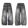 Baggy wide-leg jeans in acid-washed charcoal grey with paisley graphic waistband, front and back view