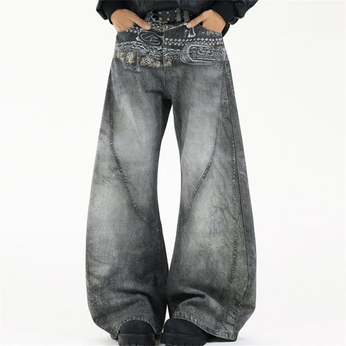 Front view of acid-washed grey wide-leg jeans with a black paisley graphic waistband