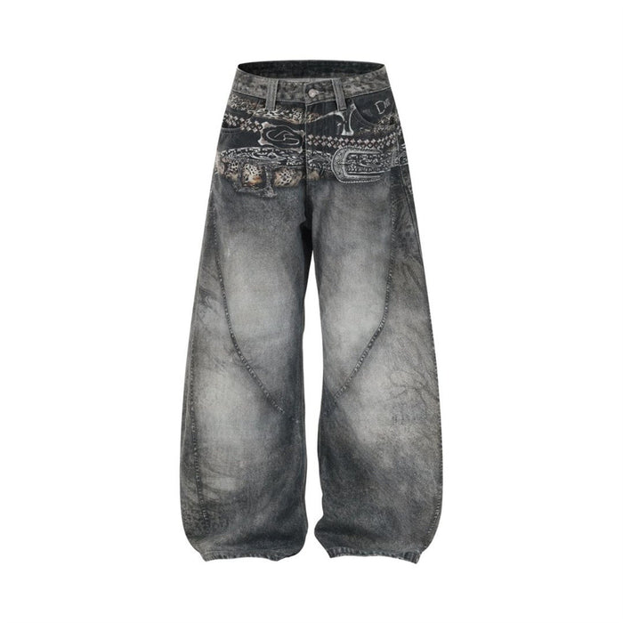 Front flat lay of grey acid-washed wide-leg jeans with a black patterned waistband