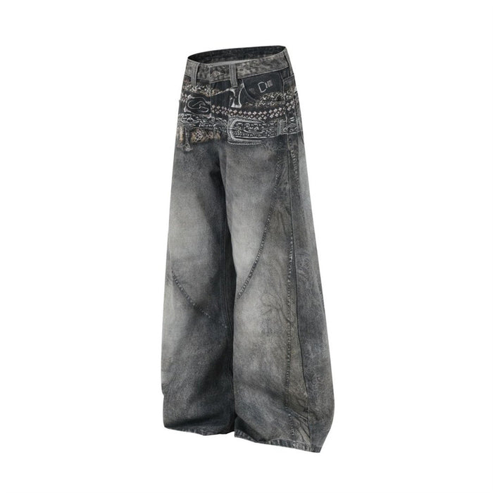 Angled flat lay of baggy grey denim jeans featuring a paisley and animal-print waistband