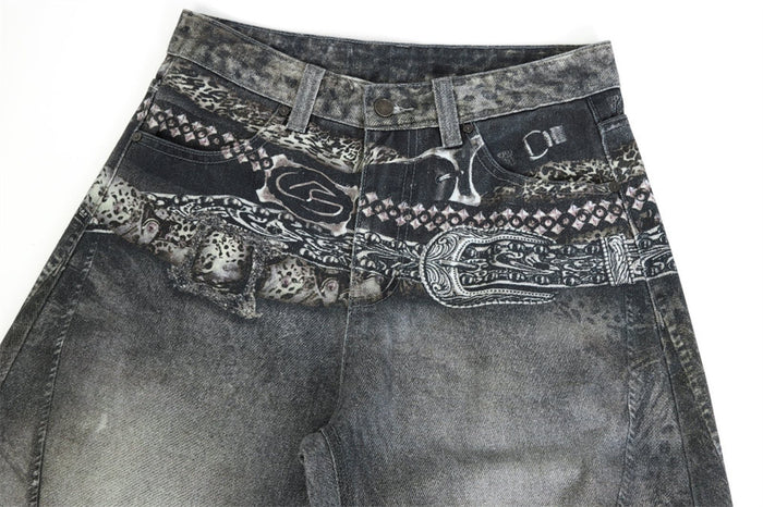 Close-up of jeans waistband showing paisley, geometric and animal-print graphic bands