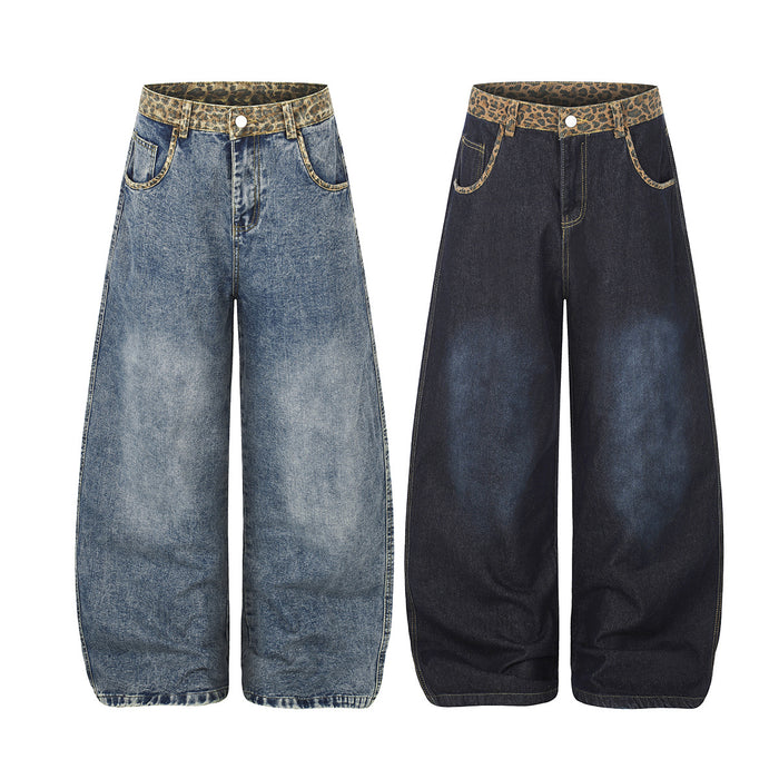 Front comparison of light blue and dark indigo wide-leg jeans with matching leopard-print waistbands