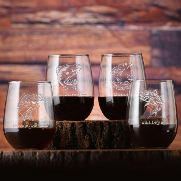 Bass Fishing Stemless Wine Glasses, Gift Set for Lake Fishermen