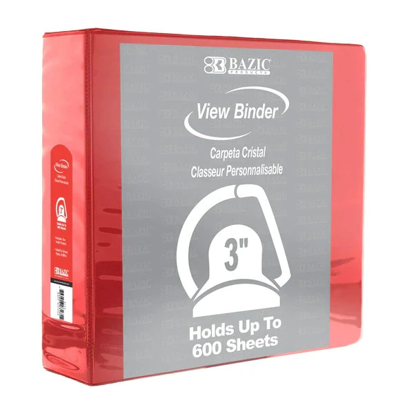 BAZIC 3" Red Slant D-Ring View Binder w/ 2 Pockets Sold in 12 Units