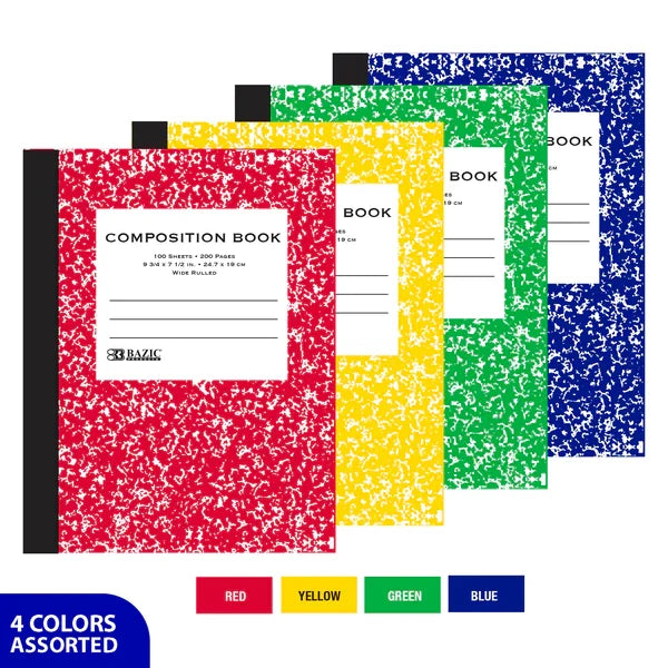 BAZIC W/R 100 Ct. Assorted Color Marble Composition Book Sold in 48 Units