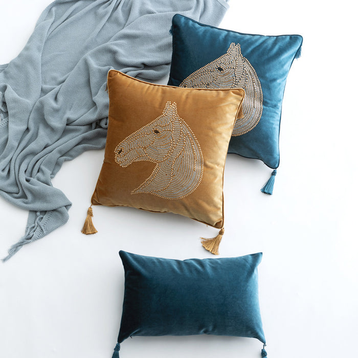 Beaded Horse Head Velvet Pillow Cover with Tassels / Blue