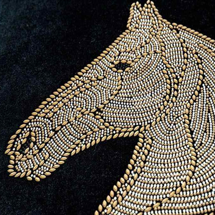 Beaded Horse Head Velvet Pillow Cover with Tassels / Blue